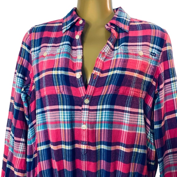 Polo Ralph Lauren hot pink navy plaid flannel long sleeve button up mini dress S - Picture 2 of 12